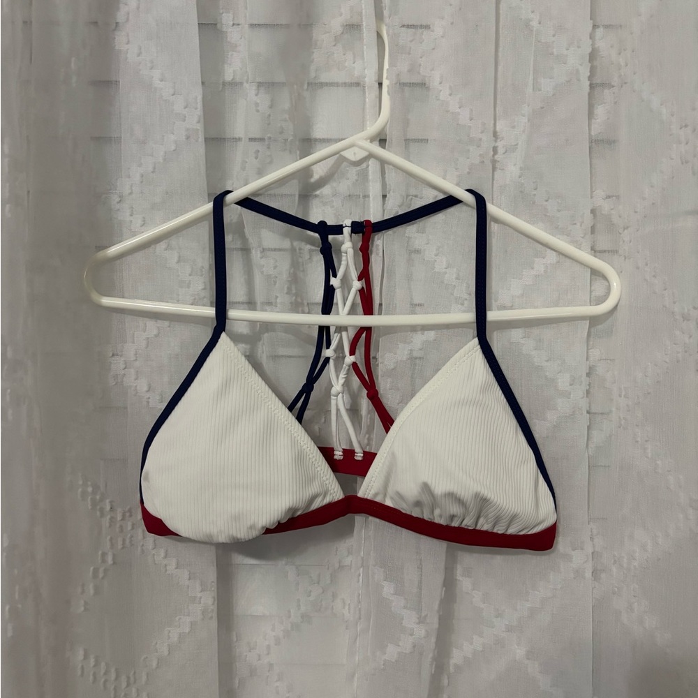 Xhilaration White Red & Navy Braided Triangle Bikini Top